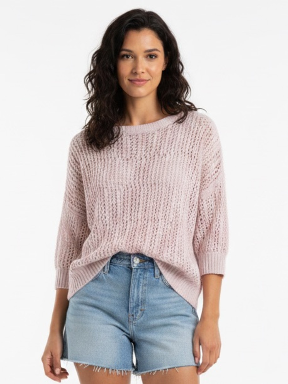 Pink Rose Dusty Pink Open Knit Crochet Sweater Large Boho Balletcore Coquette